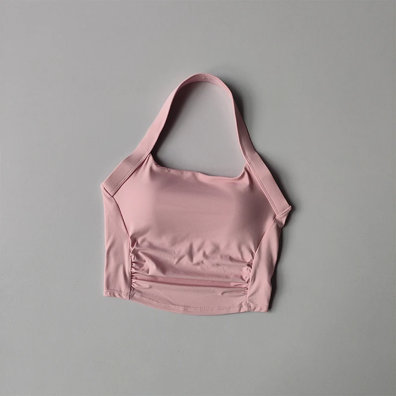 Neckholder-Sportunterwäsche mit festen Brustpolstern, Fitness-Plissee-Yoga-Anzug, integrierter BH, sexy Träger, schöner Rücken. – Detail 5