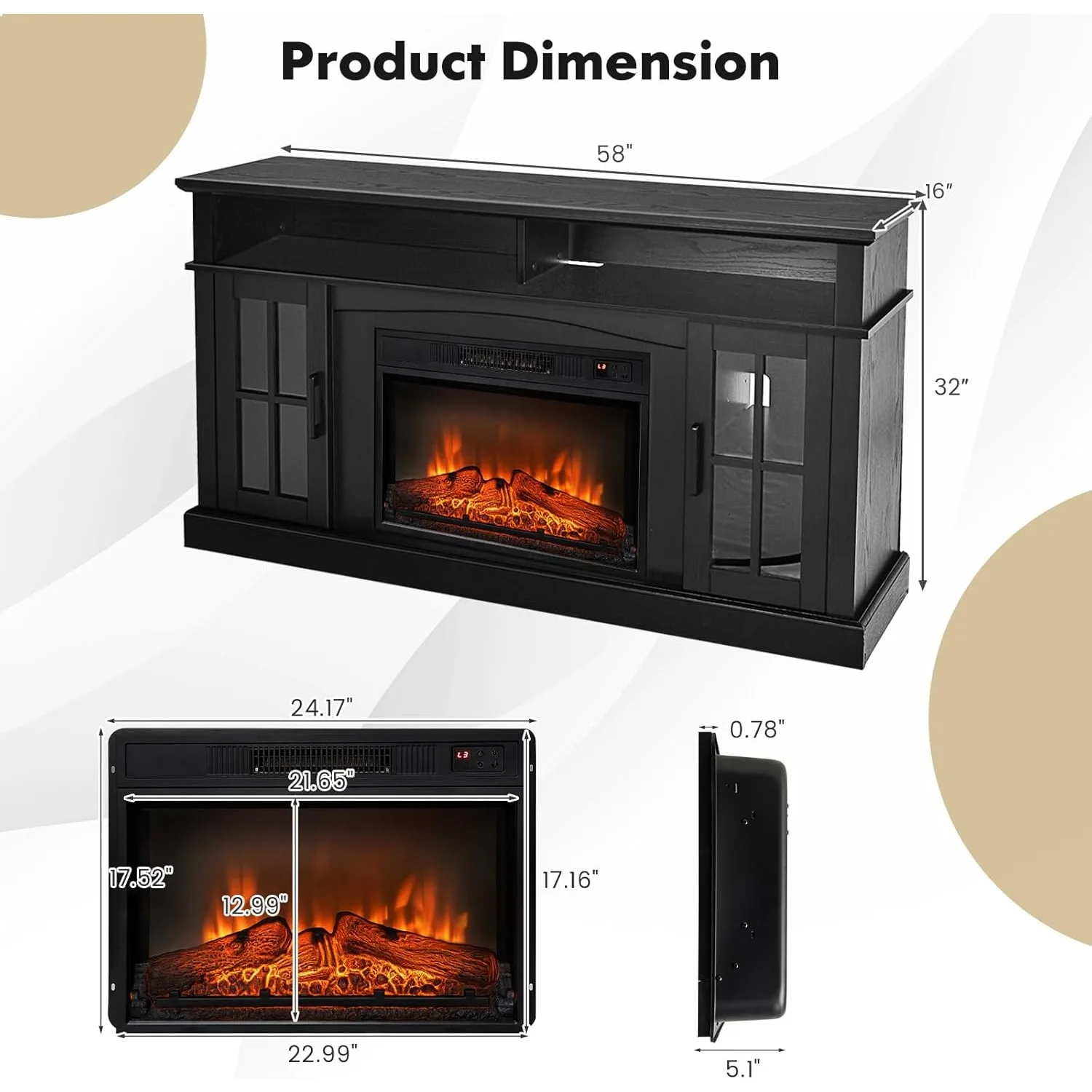 Electric Fireplace TV Stand for TVs Up to 65 Inches, 1400W Heater Insert with Remote Control, 6H Timer, 3-Level Flame
