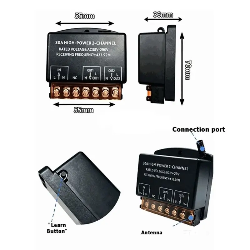 433Mhz DC 9-72V 30A 2 Channel Relay Wireless Receiver For Motors Water Pumps Lights Switch-[Jyqn A78G]