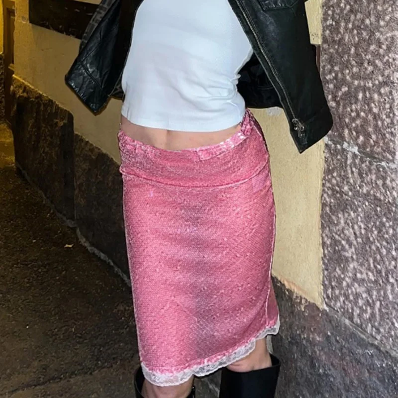 

Y2K Прозрачная кружевная лоскутная юбка с блестками, женская розовая блестящая юбка с высокой талией на бедрах, лето 2025, винтажная уличная одежда 90-х годов
