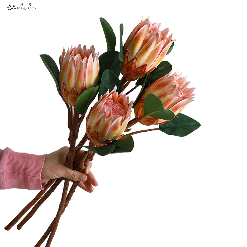 SunMade Luxury Hand Feel Protea Cynaroides with Green Leaves Home Wedding Decoration Real Touch Artificial Flowers Fake Plants