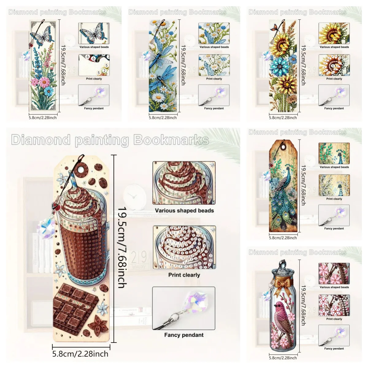 3 DIY Diamond Art Painting Bookmark Sets, Coffee Cup/Animal/Flower Crystal Pendant Bookmarks, Suitable for Books and Notes