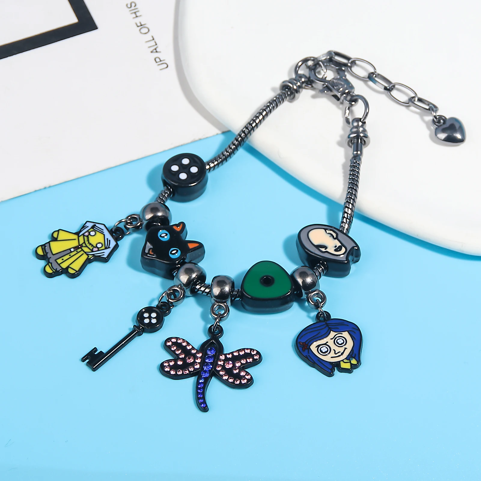 Horror Coraline DIY Charms Bracelet Key and Green Looking Stone Dragonfly Pendants Bangle for Women Men Cosplay Jewelry image 3