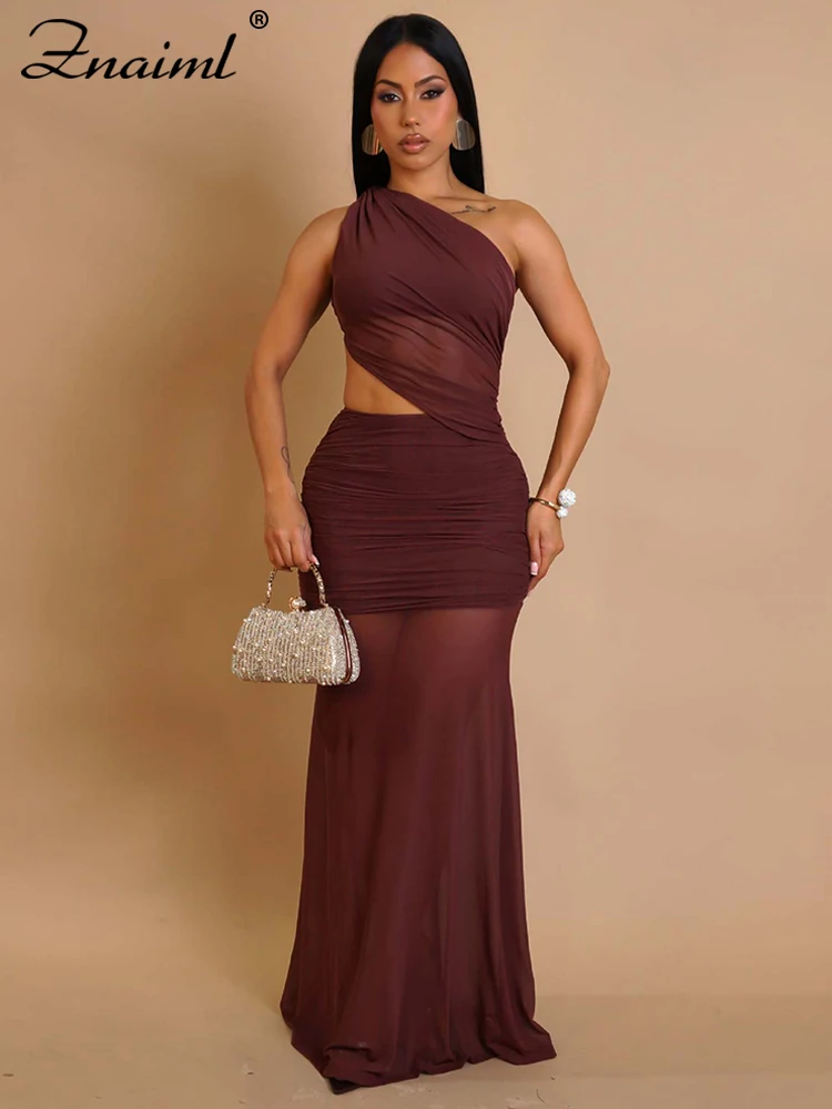 Znaiml Damska Seksowna Sukienka na Jedno Ramię Długa Wycięta z Rozcięciem Przezroczysta Siateczkowa Marszczona Suknia na Imprezę Urodzinową do Klubu Nocnego