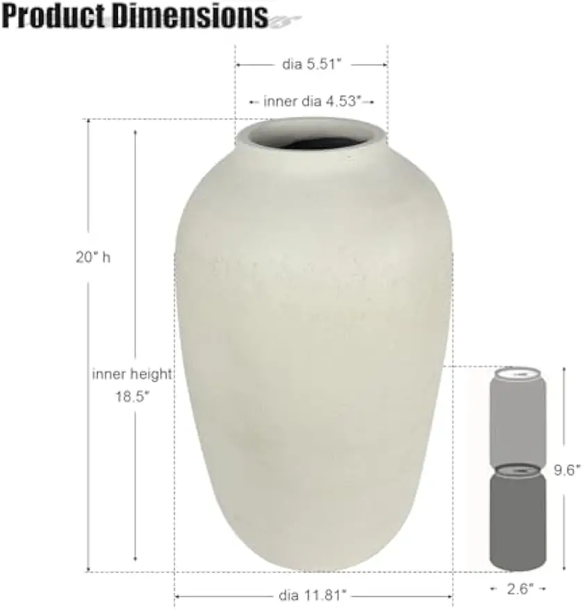 White Floor Vase, Large 20 Inch Tall Decorative Vase for Pampas Grass, Farmhouse Flower Vases, Rustic Vases Minimalist Home Decor for Living Room, Entry Way, Table, Weddings view 3