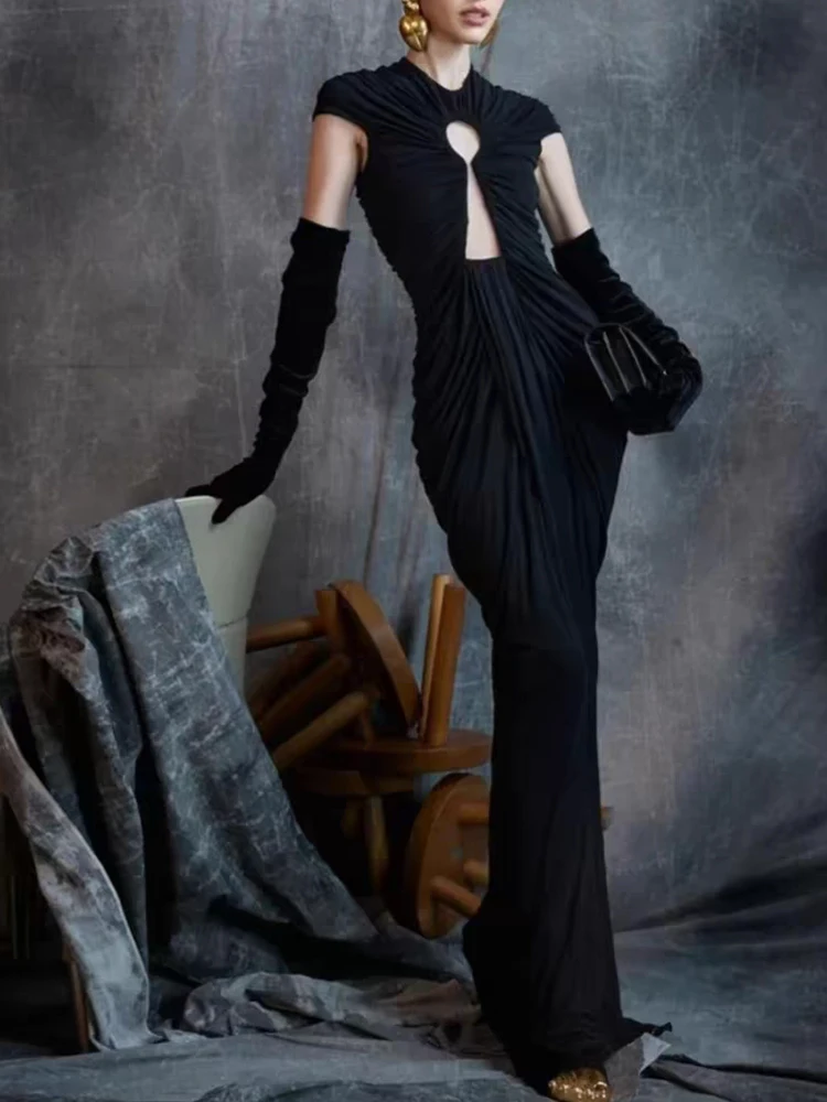 En el otoño de 2022, ropa de mujer: vestido plisado recortado retro de color sólido, vestido de noche sexy, vestido irregular ajustado elástico