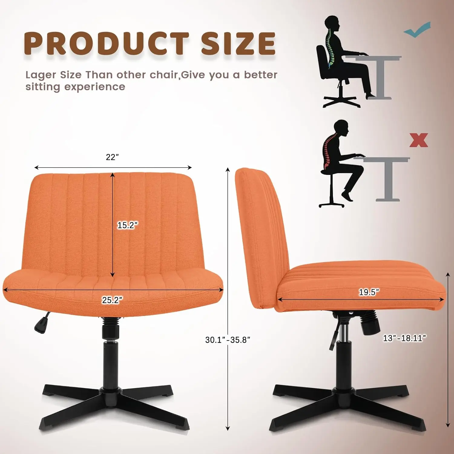 Desk Chair No Wheels, Armless Wide Swivel Home Office Desk Chair,120° Rocking Mid Back Ergonomic Computer Task Vanity Chair