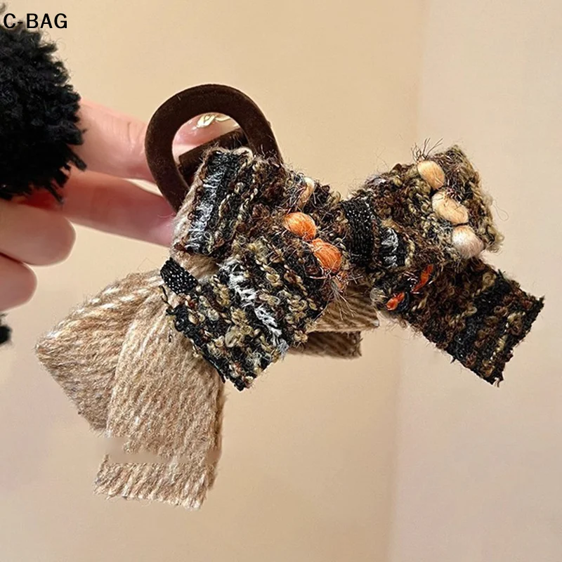 

Retro Autumn Winter Large Double Bow Hair Clip Color-block Wool-blend Shark Clip for Women Girls Hair Accessory