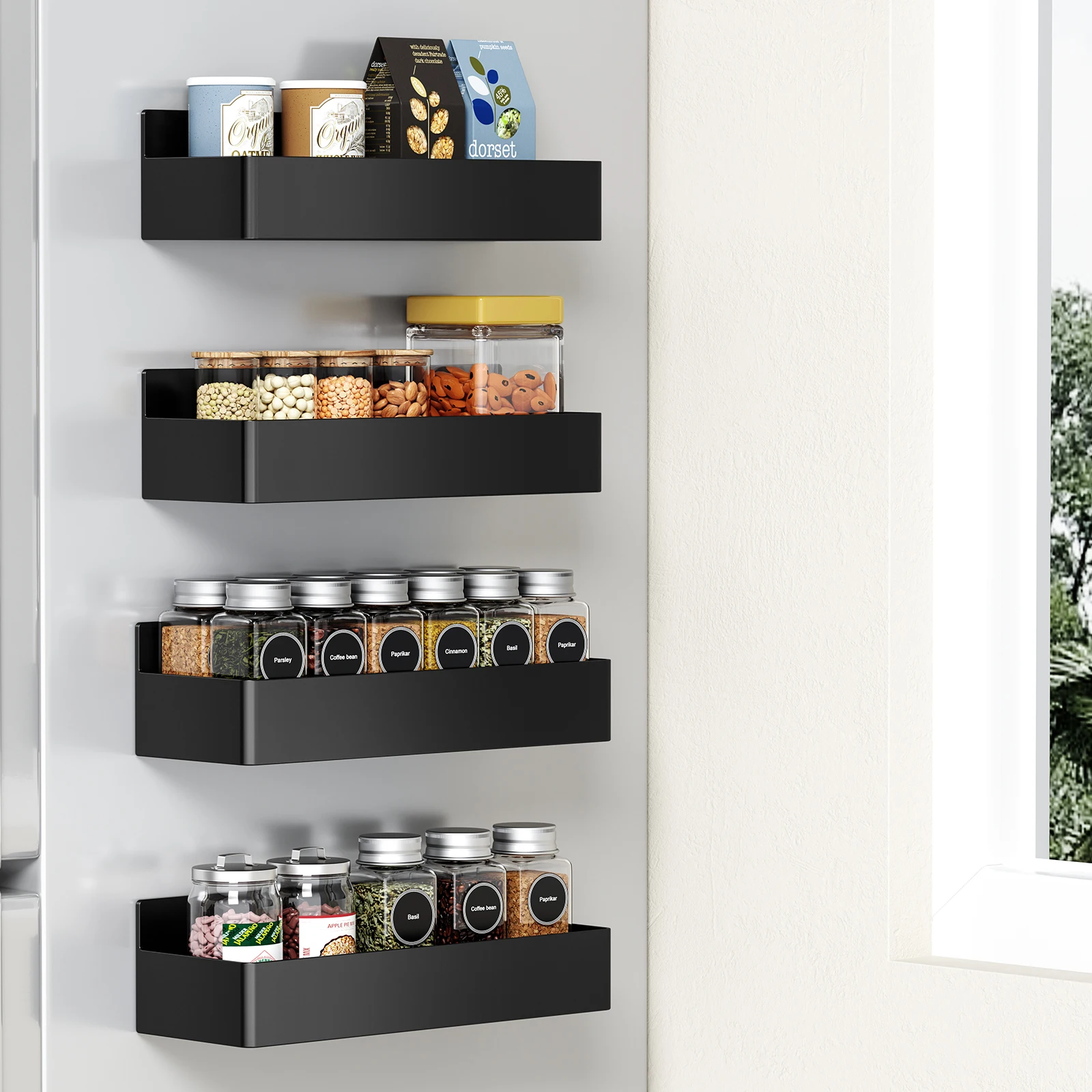 

4PCS Magnetic Spice Storage Rack Black Plastic Fridge Shelves Cabinet Organizer Kitchen Accessories the Side of Refrigerator