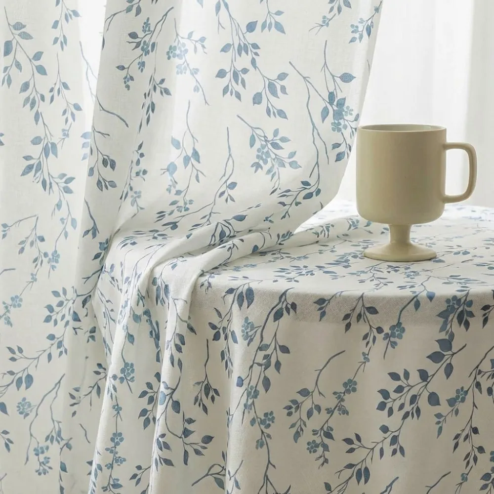 New Cotton Hemp Branch and Leaf Printed Blue Curtains for Living Room Bedroom Partition Curtain Balcony Customization