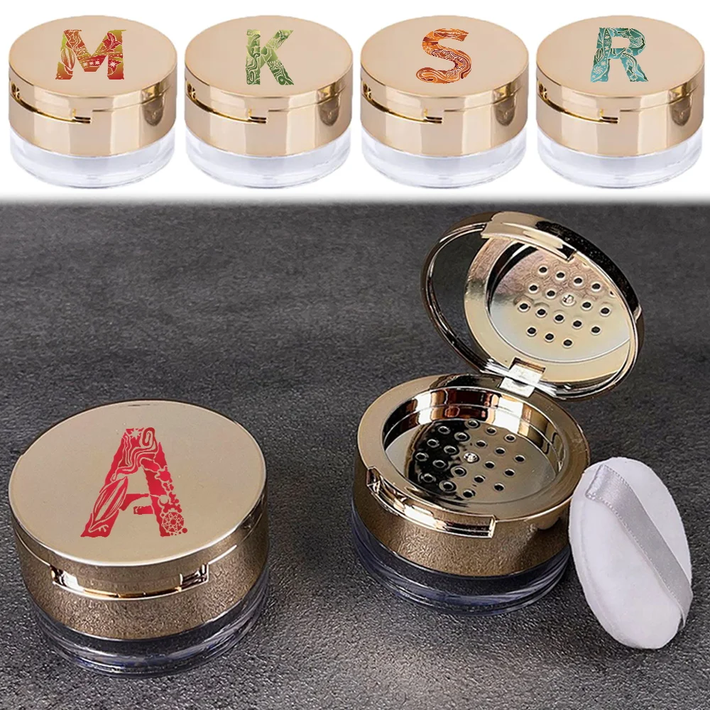 

1pc Engrave Image Portable Powder Box Loose Powder Container With Mirror Travel Makeup Container Initial Name 26 Letters Pattern