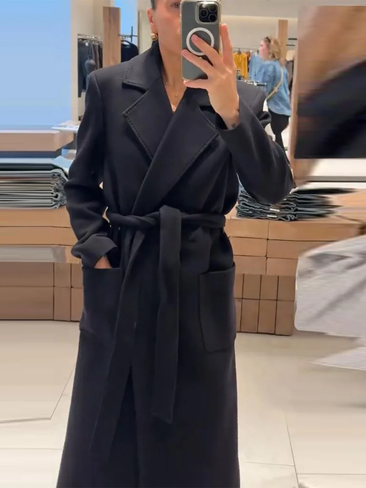 

Модное женское длинное пальто с лацканами и поясом, элегантные однотонные женские куртки на шнуровке с карманами, осень-зима 2021, женская верхняя одежда, уличная одежда