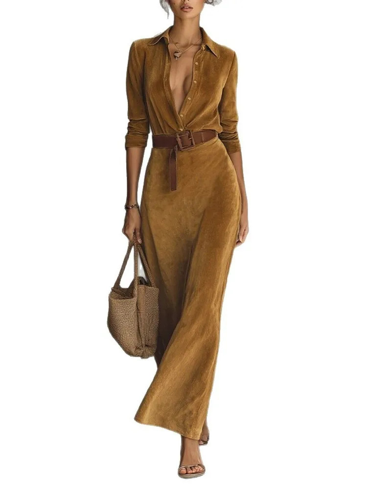 Women's Minimalist Solid Dress Fashion Belted Lapel Long Sleeves Shirts Dresses Spring Autumn Lady High Waisted Office Vestidos