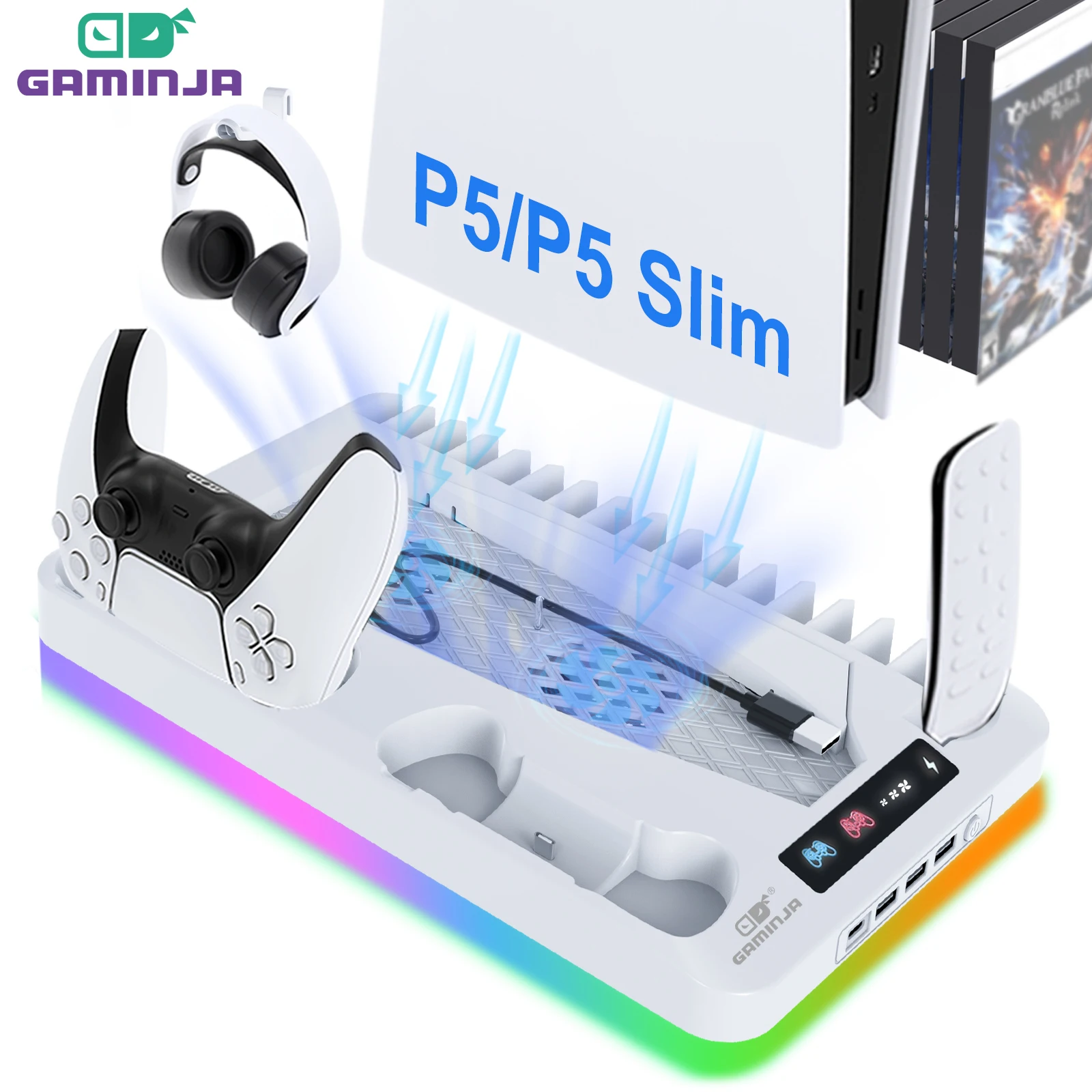 GAMINJA P58 RGB Cooling Stand For PS5 Slim Console Gamepad Charging Base Headset Hook Game CD Storage Rack For PS5 Disc&Digital