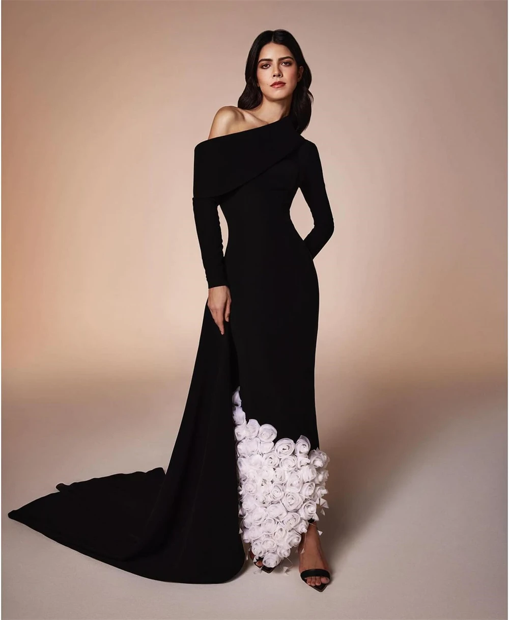 

Customized Elegant Contrast Color Jersey Evening Dress Temperament Flowers Ruched Boat Neck Long Sleeves Court Train Party Dress