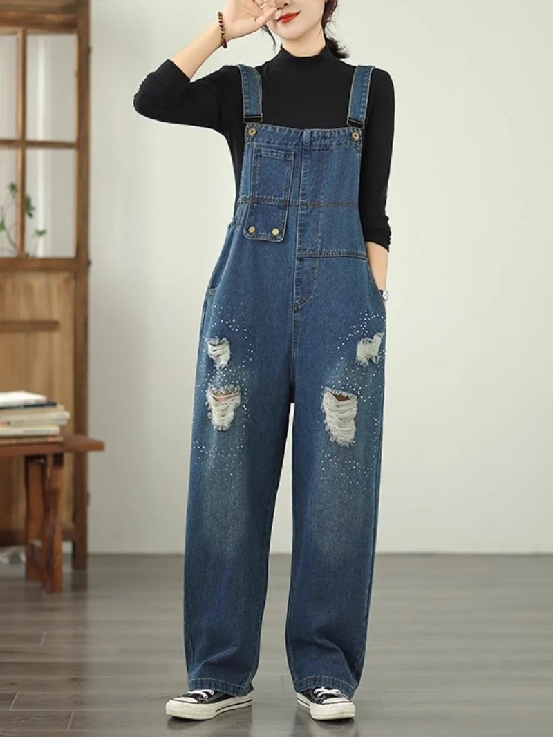 Overall Denim Tertekan Retro Modis untuk Wanita 2025 Jeans Tren Jumpsuit Kaki Lurus Longgar Ukuran Besar Musim Gugur W443