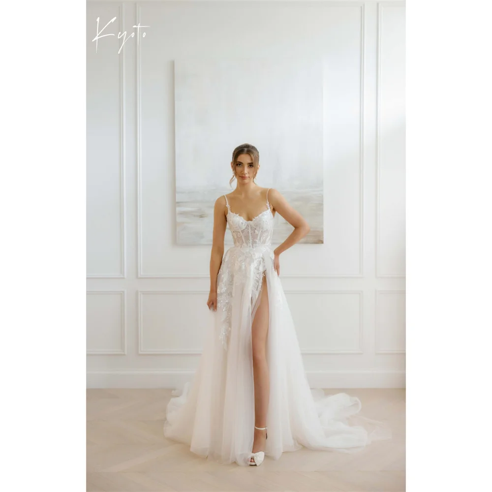 

Kyoto Customized White Flowers A-Line Side Split Wedding Dresses Spaghetti Strap vestidos de novia Sweep Train Evening Dresses