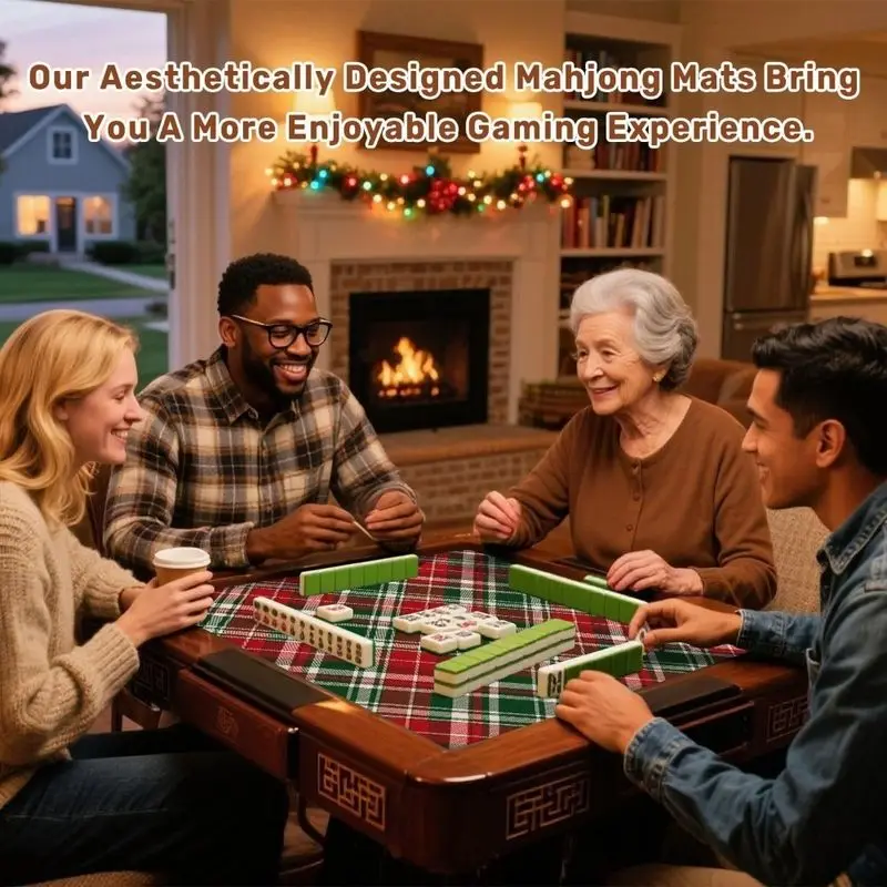 Square Mahjong Table Mat Christmas Theme Print Non‑Slip Silent Foldable Game Pad with Storage Bag for Xmas Party Home Decor
