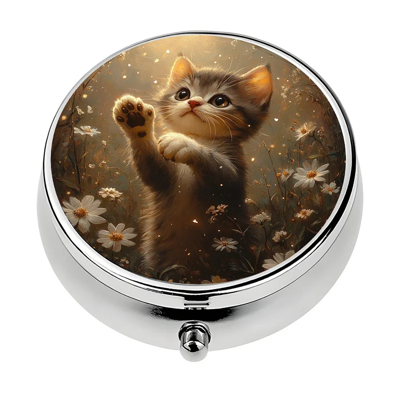 A mini travel pill box with a cat-shaped design, featuring three internal compartments for storing vitamins and medication, is perfect for daily use and makes a unique gift
