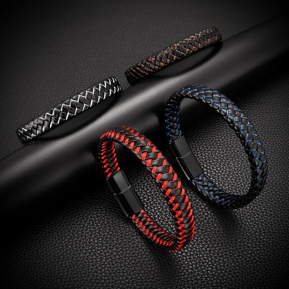 Men's Stainless Steel Leather Bracelet Simple Stainless Steel Lock Men's Hand Woven Leather Bracelet