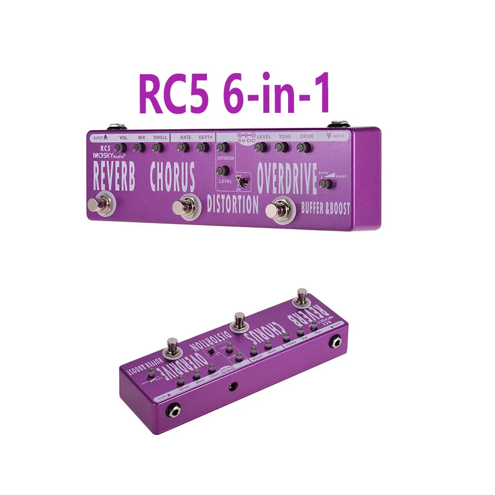 

RC5 6-in-1 Guitar Multi-Effects Pedal Chorus Distortion Overdrive Booster Buffer Reverb Pedal Full Metal Shell True Bypass