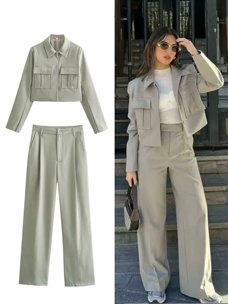 

HH Осенний женский однотонный костюм для поездок на работу, повседневный костюм с длинными рукавами и лацканами с карманами + плиссированные широкие брюки