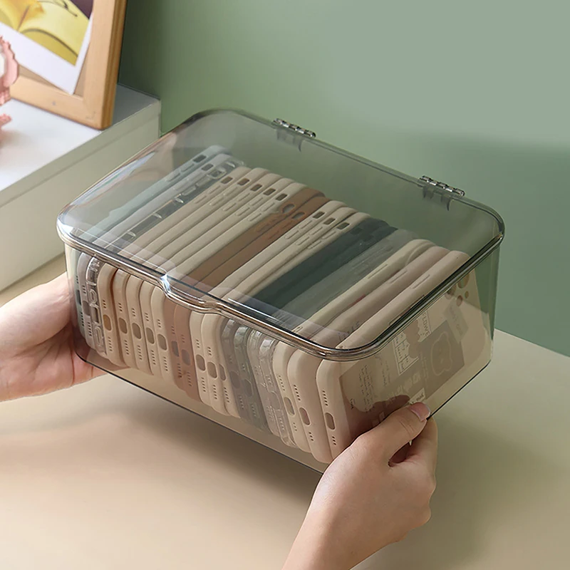 Acrylic Sundries Storage Basket Phone Case Holder Ins Transparent Phone Case Organizer Storage Box with Cover Home Desktop