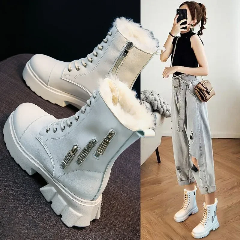 Women Snow Boots Beige Plush Warm Fur Causal Boots Shoes Sneakers Ankle Booties Platform Thick Sole Lace Up Winter Shoes2021