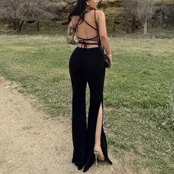 DemoRave Fashion Sexy Black Jumpsuits Women Y2k Backless Bandage Skinny Split Alt Sleeveless Streetwear Casual Simple Overall