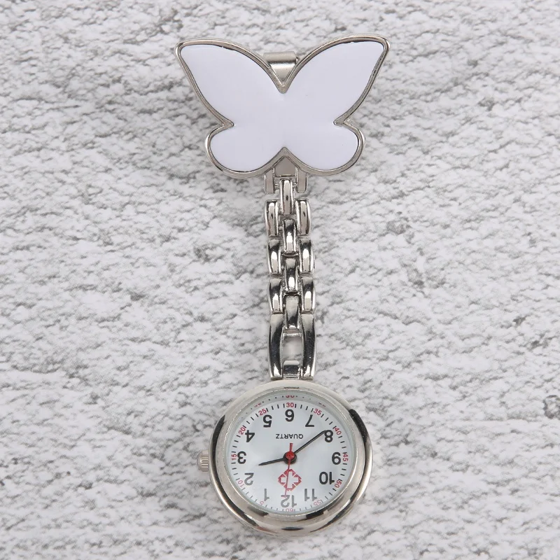 Montre de poche pour infirmières, moniteur de fréquence cardiaque, à quartz, motif papillon blanc