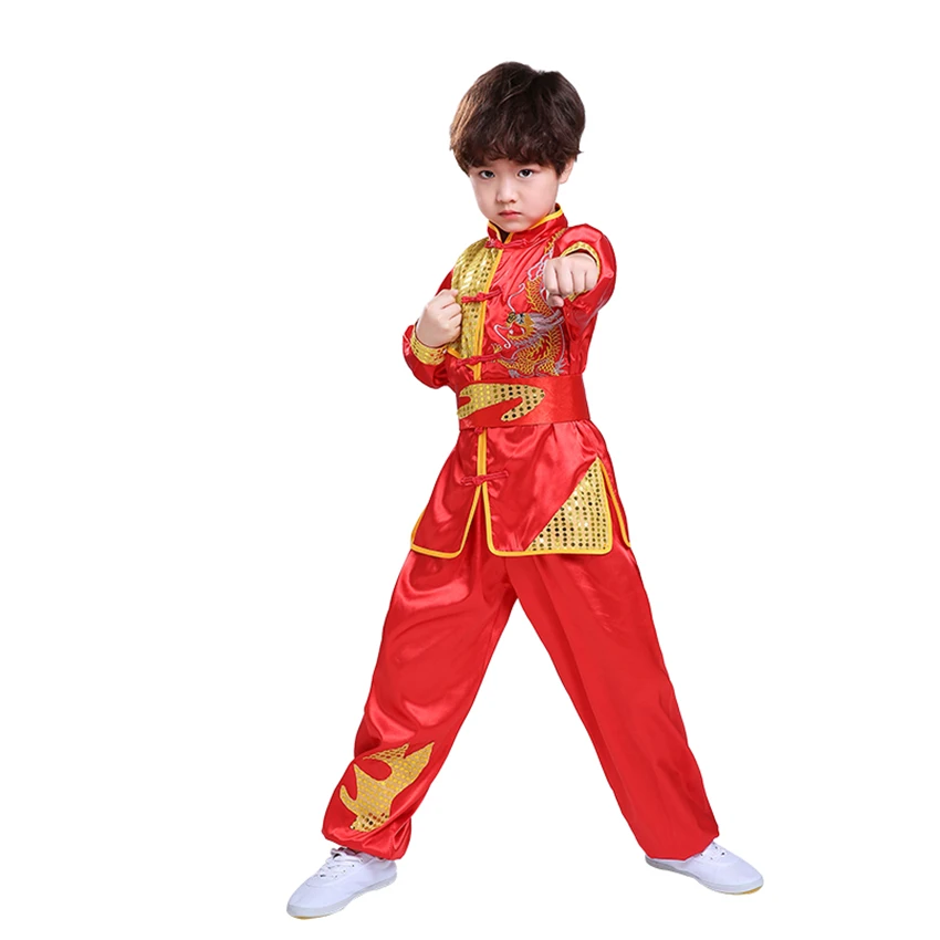 Conjunto de ropa de estilo tradicional chino para niños, uniformes largos y cortos de Tai Chi y Kung Fu con bordado de dragón de lentejuelas