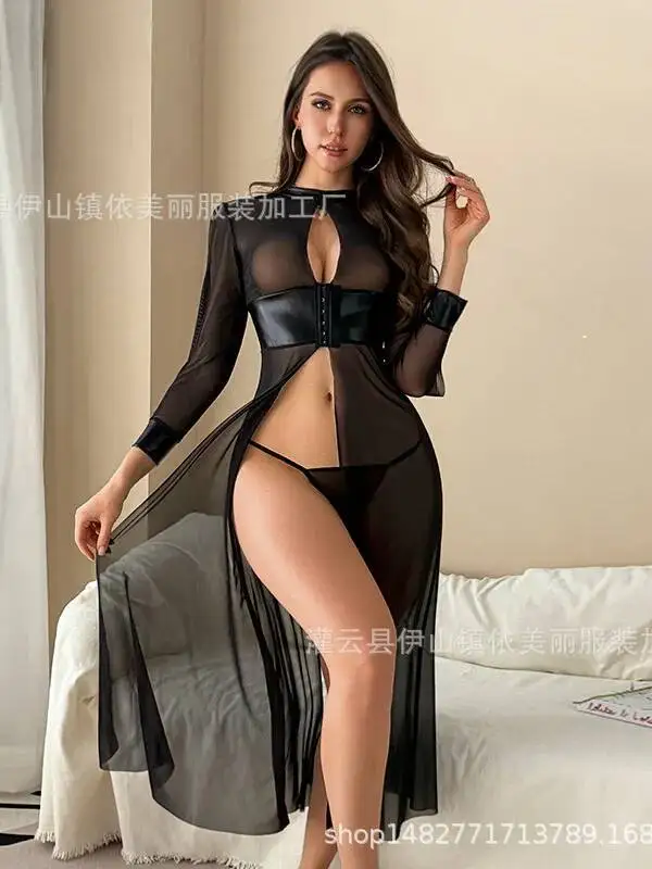 新しい ‌ セクシーな黒のメッシュシースルーロングスリーブドレス、ハイ スリット入りエロティックガウン、透明感のあるピュアな欲望の美しいドレス、チャーム593Z