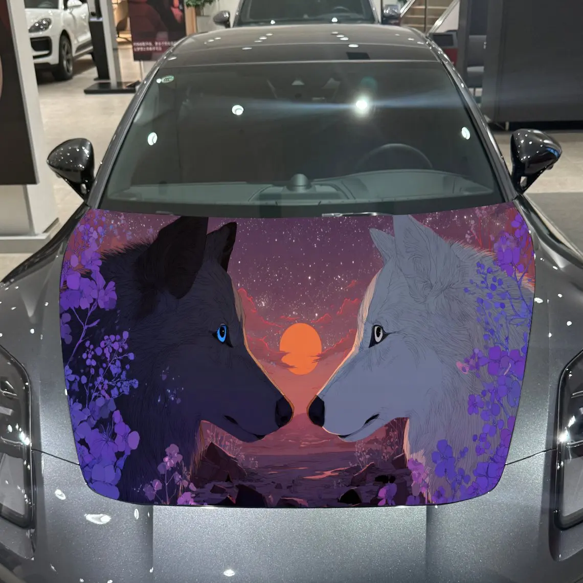 

Dusk Twin Wolves Tender Wild PVC Car Hood Wraps, Self-Adhesive Waterproof Car Bonnet Decal Sticker, Car Decoration Protection St