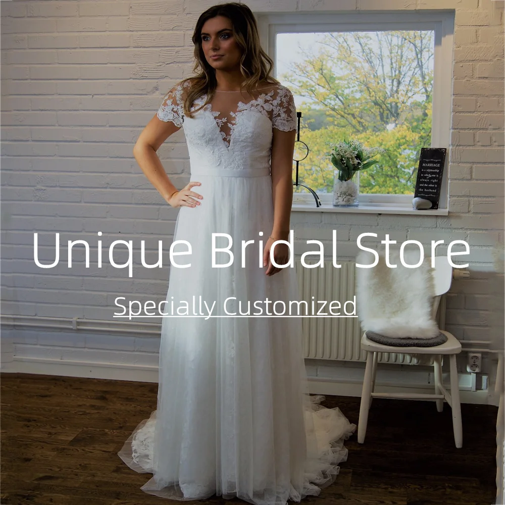 Personalizado requintado vestidos de casamento bonito applique mangas curtas trem varredura aberto volta ilusão pescoço design vestido de noiva