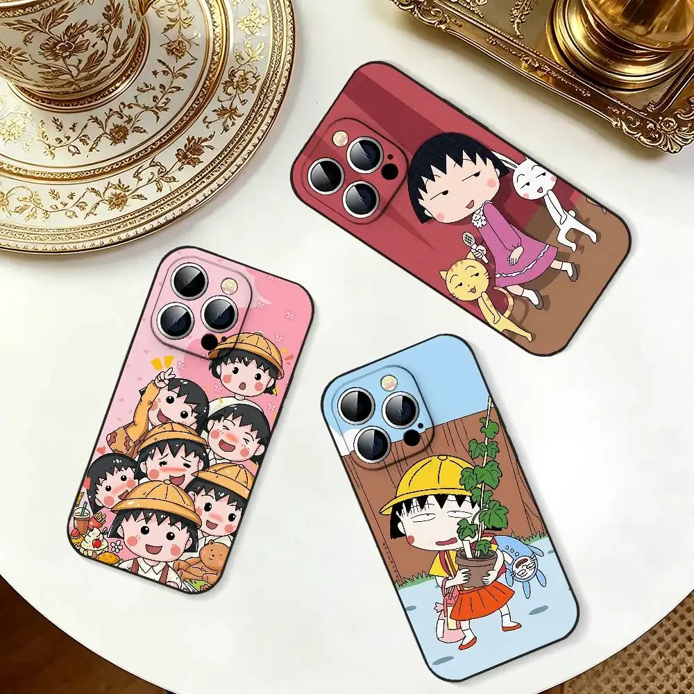 Funda Protectora Delgada Negra con Diseño de C-Chibi Maruko-chan para iPhone 17 16 15 14 13 12 11 X XR XS Max Pro Max Plus Mini