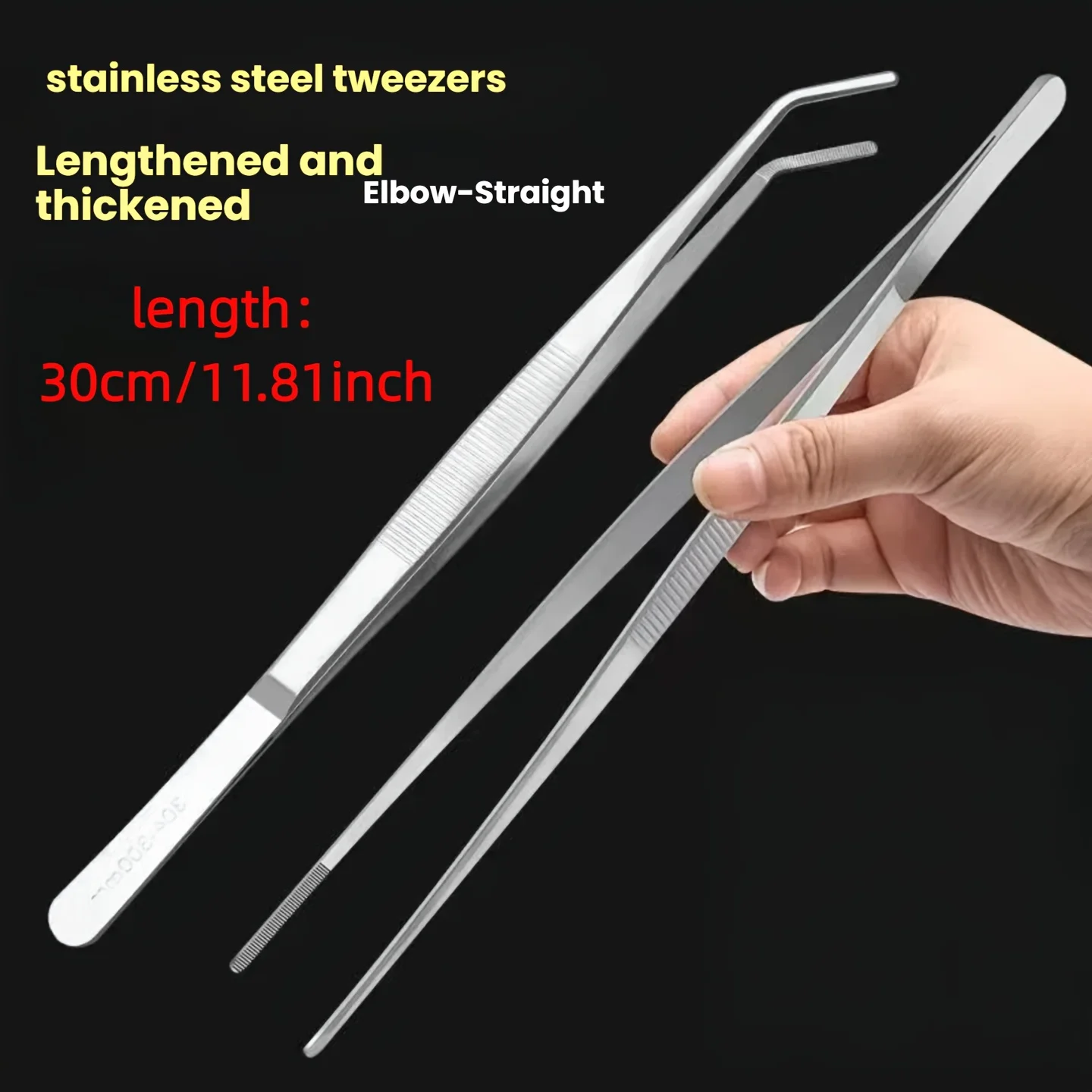 30cm Long Stainless Steel Tweezers， Thickened Straight & Curved Tip Tweezers, Precision Anti-Slip Tool for Cooking, Gardening