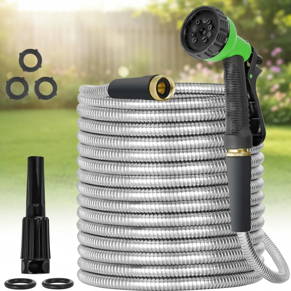 

100ft Stainless Steel Garden Hose Flexible Water Pipe Brass Fittings Nozzle Rust Proof Heavy Duty