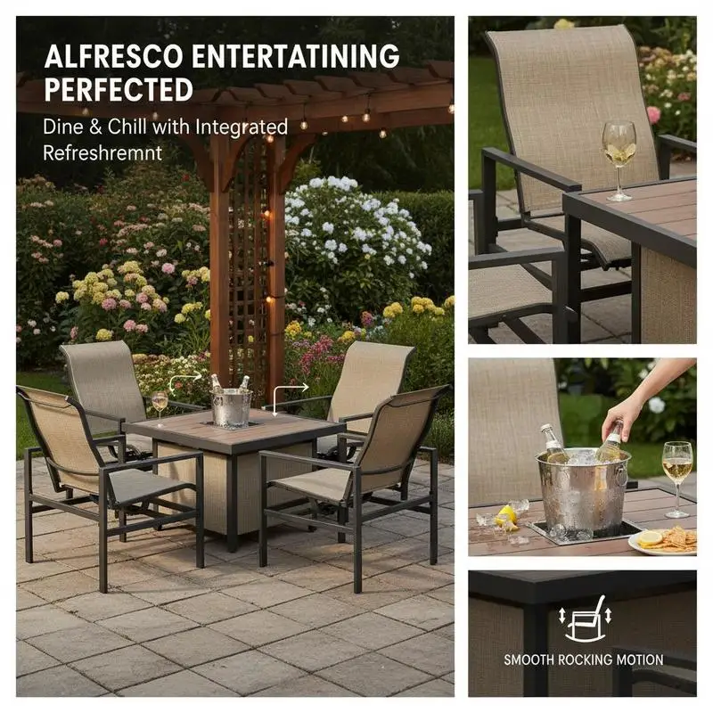 5 Piece Garden Patio Dining Set, Dinner Table with Built-in Ice Bucket Insert, 4 Rocking Chairs, Beige