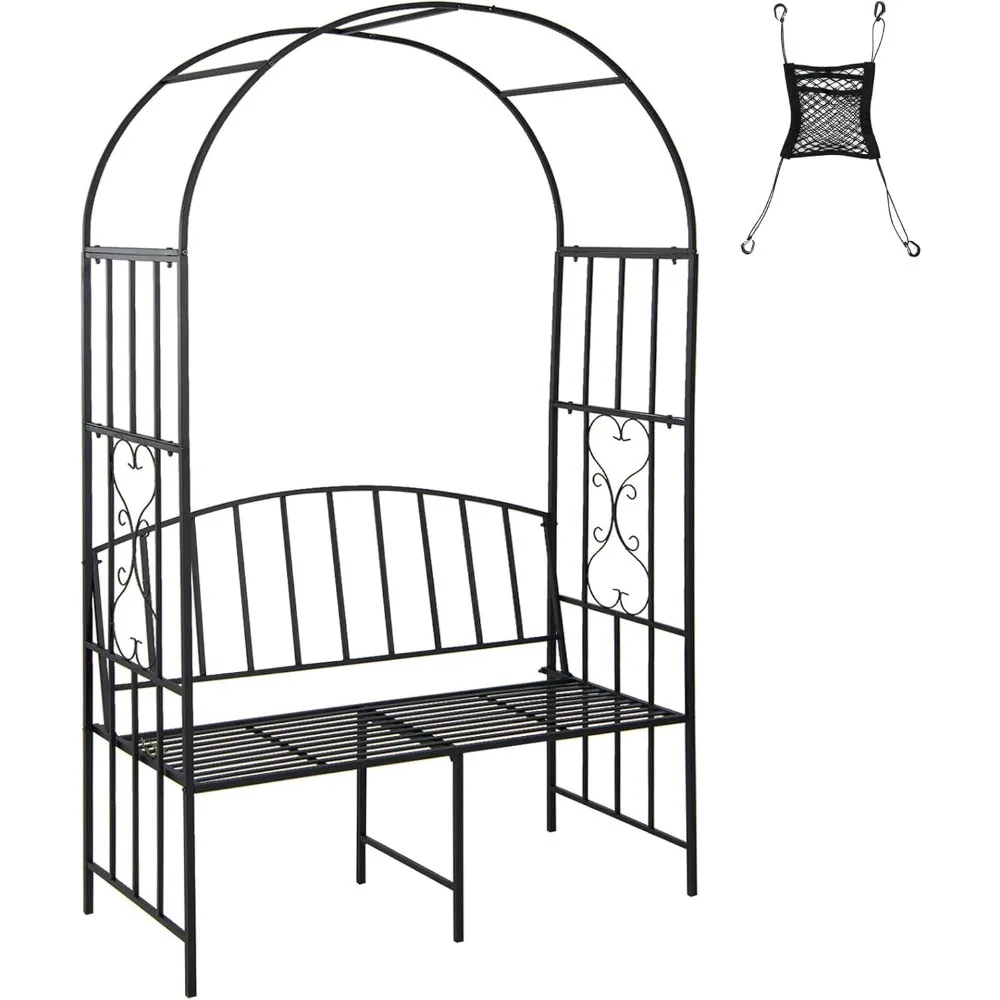 81in Metal Garden Arch with Bench, Outdoor Garden Arbor Archway Trellis for Climbing Plants Vines, 2-Person Bench Loads 660 lbs