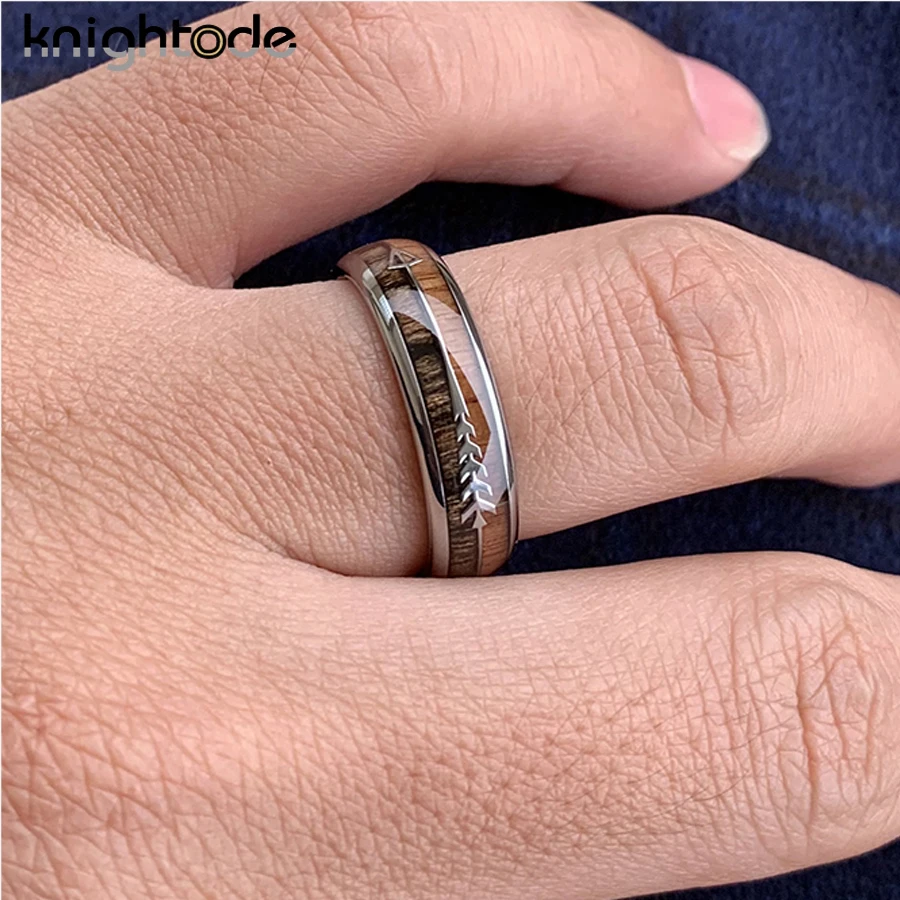 6mm Tungsten Carbide Ring Stainless Steel Arrow/Koa Wood Inlay For Men Women Wedding Band Couple Gift Dome Polished Comfort Fit