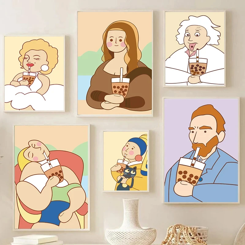 Funny Mona Lisa Bubble Tea Famous Portrait Cartoon Painting Nordic Canvas Art Print Poster Picture Wall Living Room Home Deco