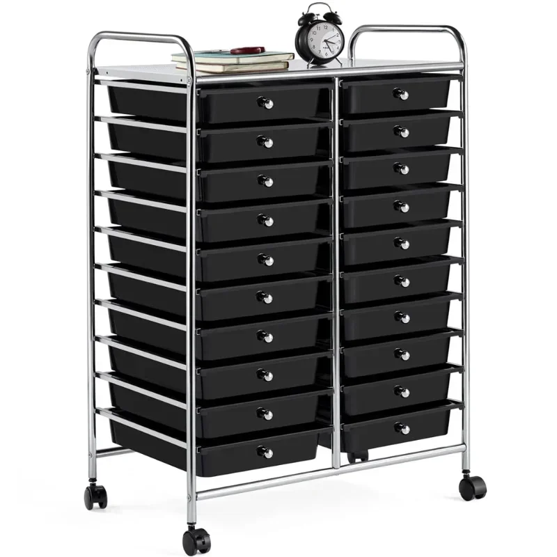 Drawers Metal Frame Storage Cart Rolling Bin with Lockable Wheels, Blackstorage boxes  storage box