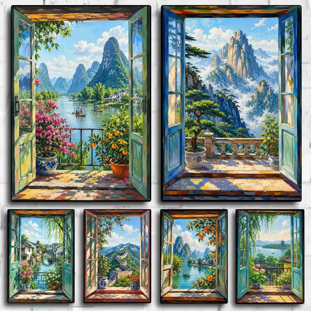 Open Window Landscape Poster Stickers Self-Adhesive Painting Mural Decor Wall Decals for Bedroom Living Room Home HD Gift