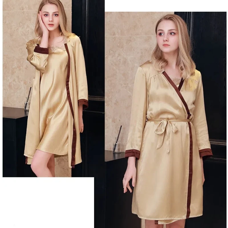 

Сексуальное кружевное кимоно из 100% тутового шелка, комплекты халатов с v-образным вырезом, ночная рубашка, халат, нижнее белье, 2 шт., осенние халаты, ночная рубашка, одежда для сна