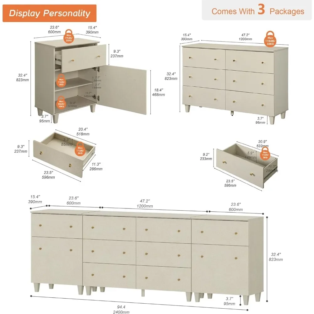 8 Drawers Dresser Chests For Bedroom, 3-in-1 Modern Beige Wood Closet Storage Organizer Furniture With Doors And Adjustable|