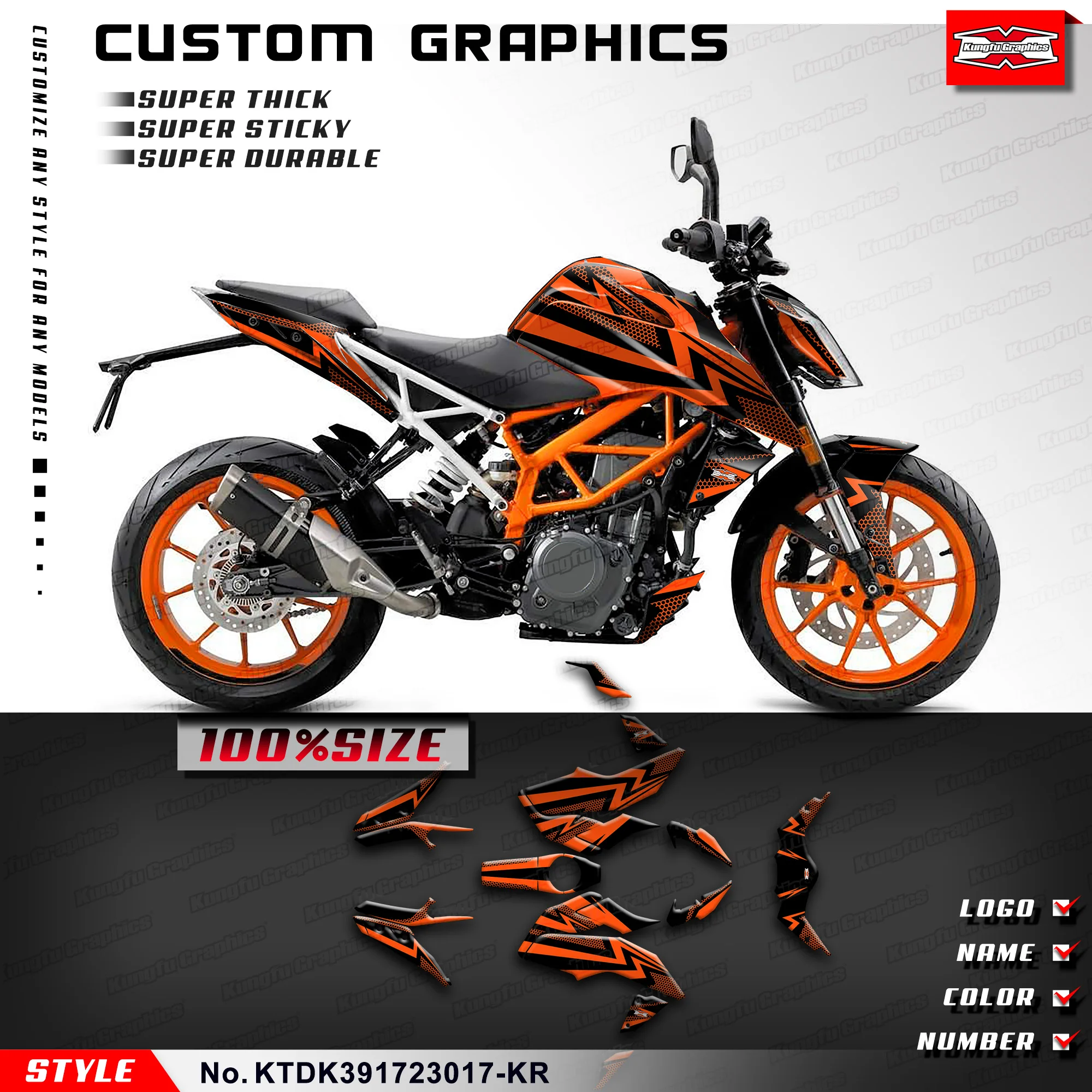 

KUNGFU GRAPHICS Restyle Sticker PVC Wrap Kit for Duke 125 200 250 390 2017 2018 2019 2020 2021 2022 Orange, KTDK391723017-KR