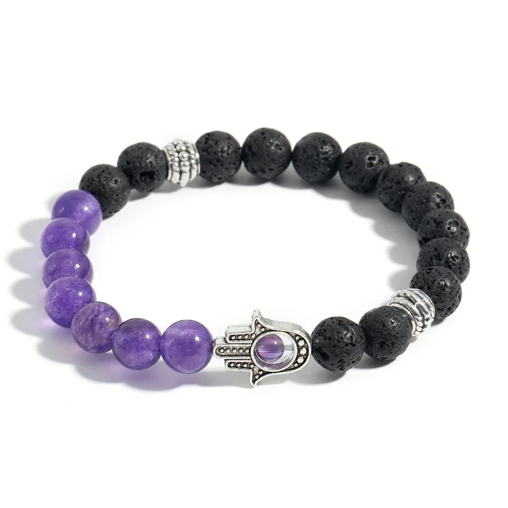 Schmuck Lila Chalcedon Armband Frauen Natürlicher Vulkanstein Fatima Hand Perlen Armband Männer Yoga Meditation Energie Schmuck