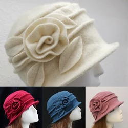 Winter Fashion Hat Women Female Warm Wool Fedora Lady Felt Beret Cap Woman Chic Flower Cloche Hat Mother Middle Aged Elderly