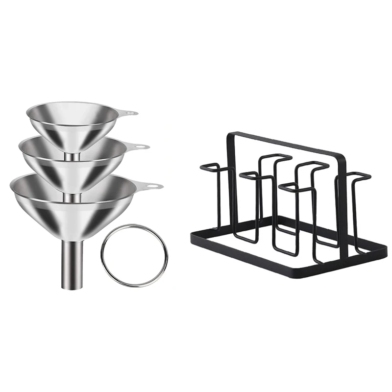 1x 6 Glass Cups Stand Holder Drying Shelf Kitchen Water Cup Rack & 3 Pack Stainless Steel Funnels Set