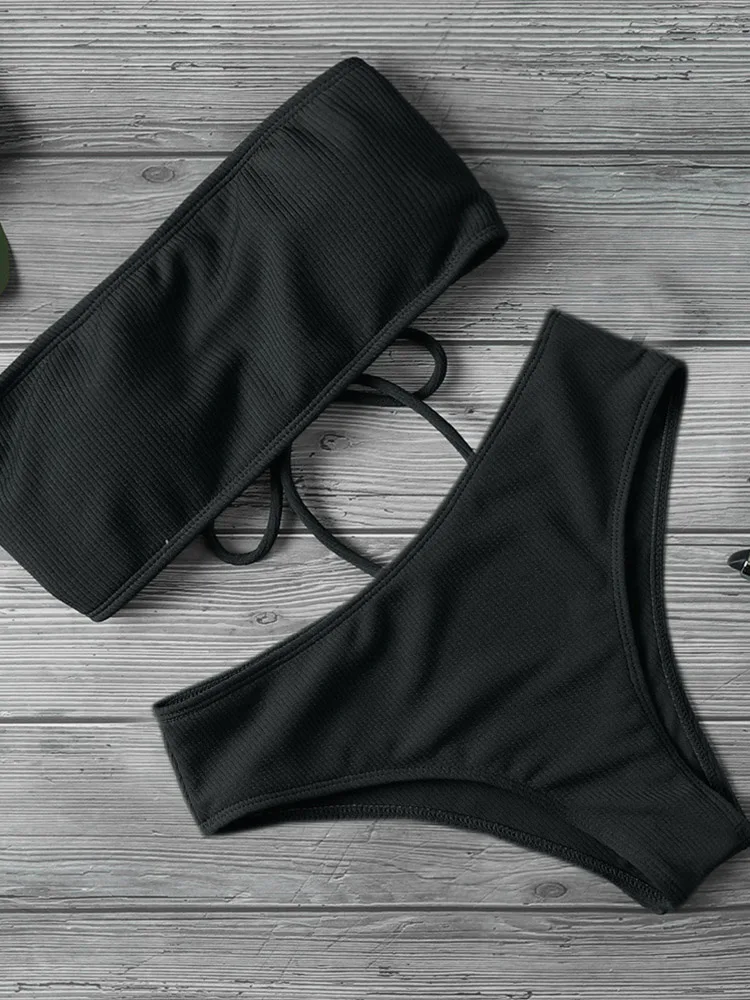 Bikini de cintura alta sin tirantes para mujer, bañador Sexy, traje de baño acolchado, de Color puro monokini, novedad de 2023